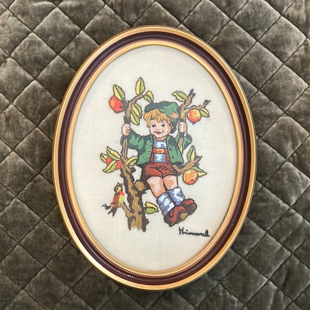 Hummel Needlepoint Framed Picture Boy in Apple Tree